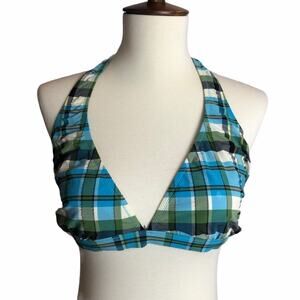J Crew Blue Green Plaid Halter Bikini Top L